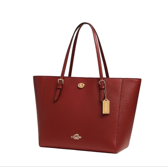 Coach Dark Cherry Crossgrain Leather Turnlock Tote Large Gently Loved - Picture 1 of 12